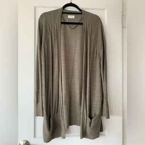 Lou & Grey Linen/Cotton Blend Olive/Taupe Open Front Long Cardigan Size Large